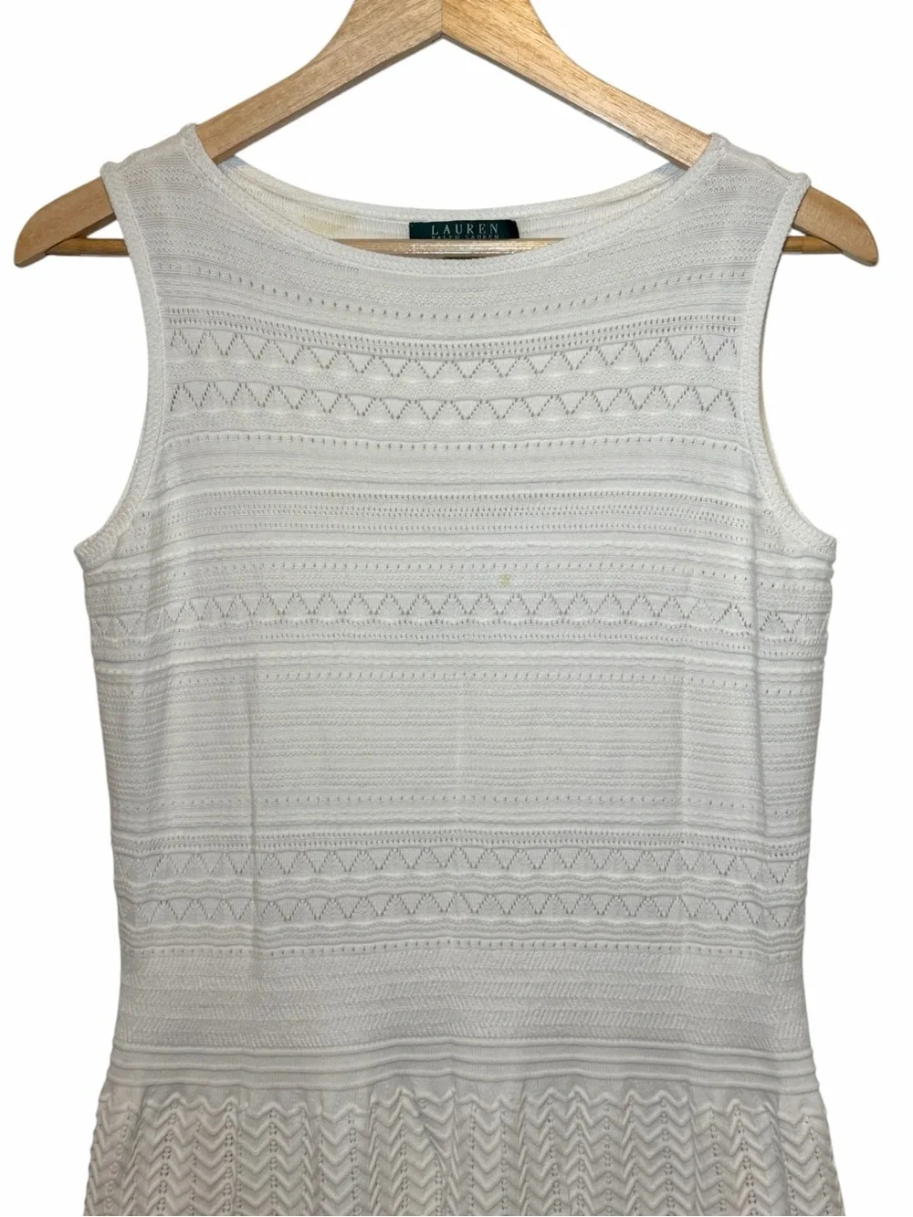Lauren Ralph Lauren Cream Sleeveless Knit A-Line Pointelle Dress Size L
